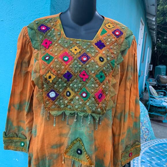 VINTAGE TIE DYE FESTIVAL HIPPIE MIRRORED EMBROIDERED KAFTAN CAFTAN DRESS M/L - Picture 5 of 10